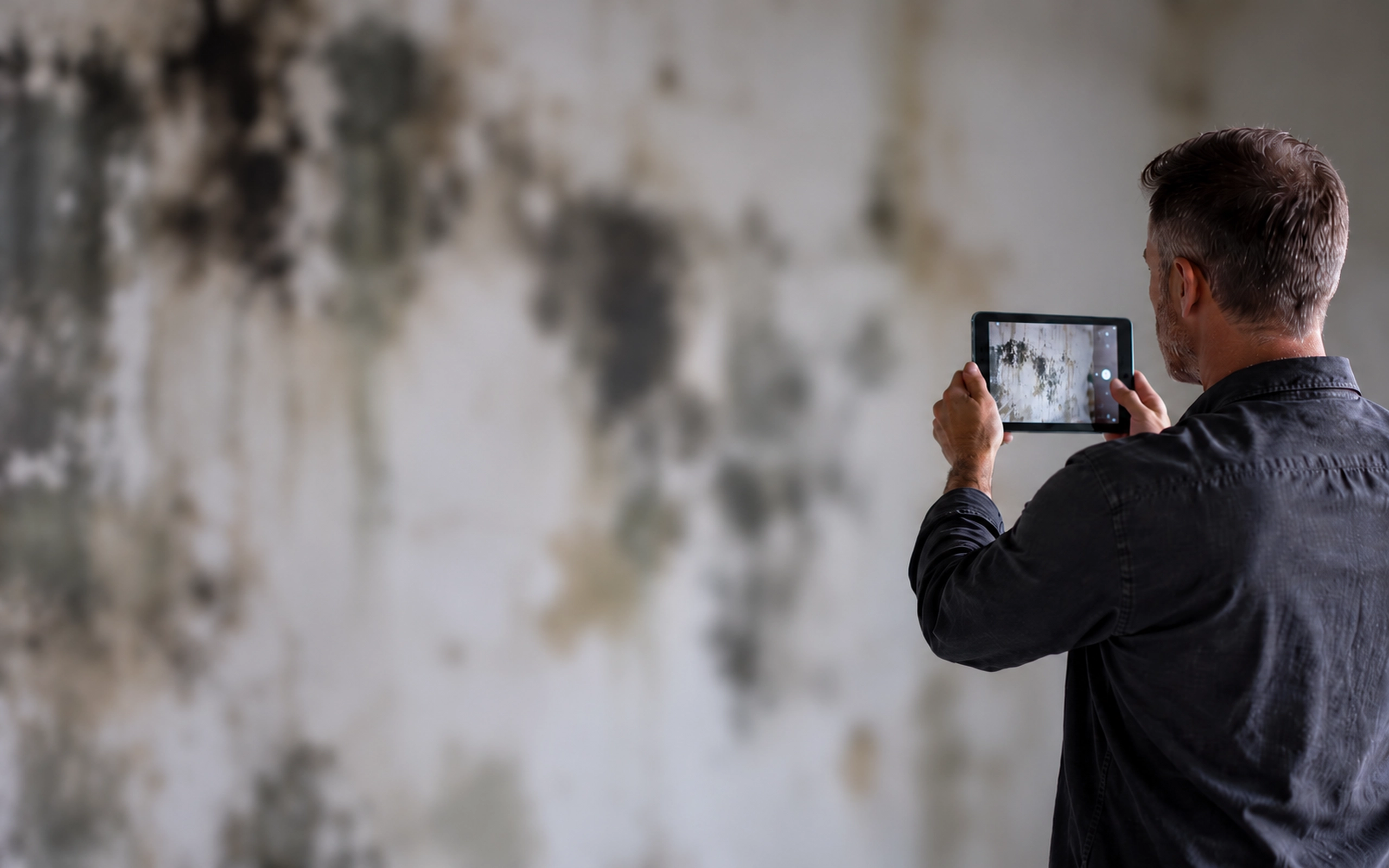 Inspector photographing black mould on a wall with a tablet during an HHSRS assessment