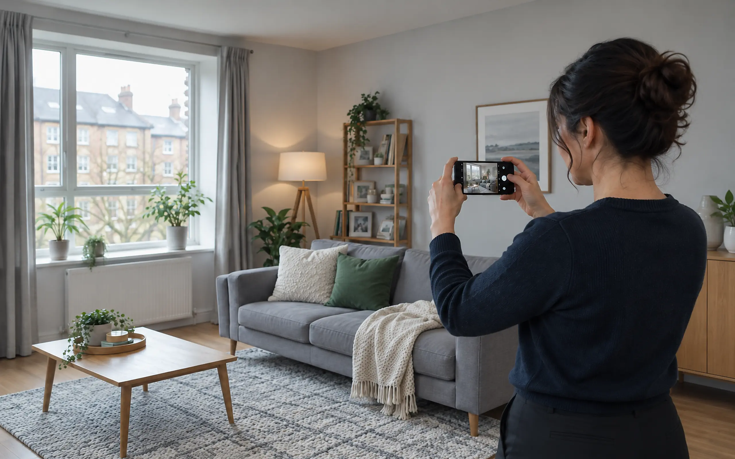 Inventory clerk photographing the living room of a rented flat