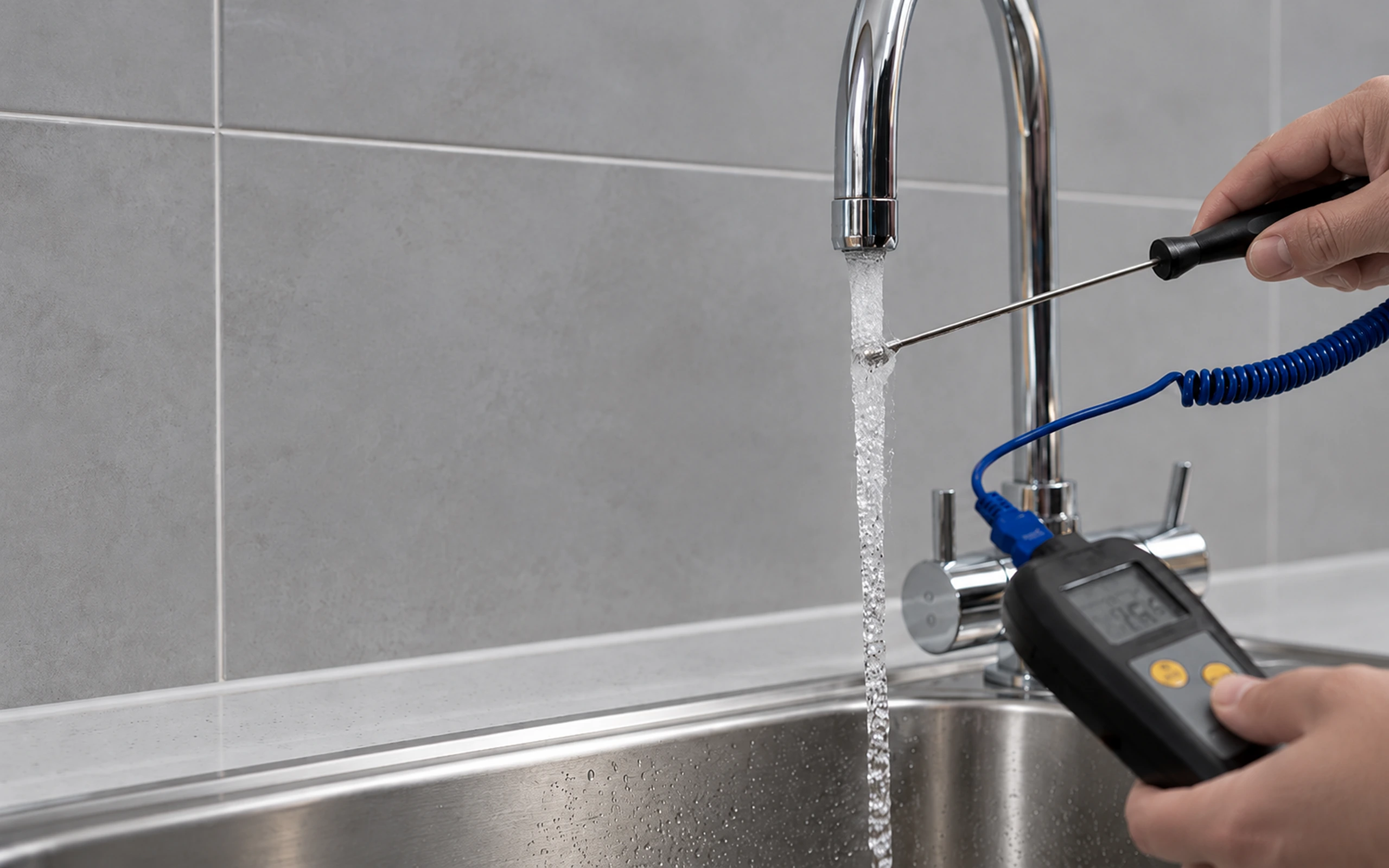 Water temperature being checked at a kitchen tap with a digital thermometer probe