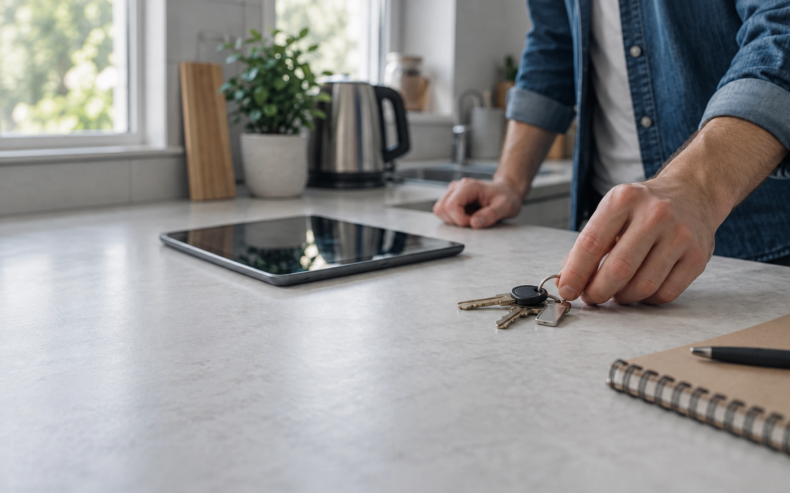 House keys and a tablet on a kitchen worktop in a rented flat