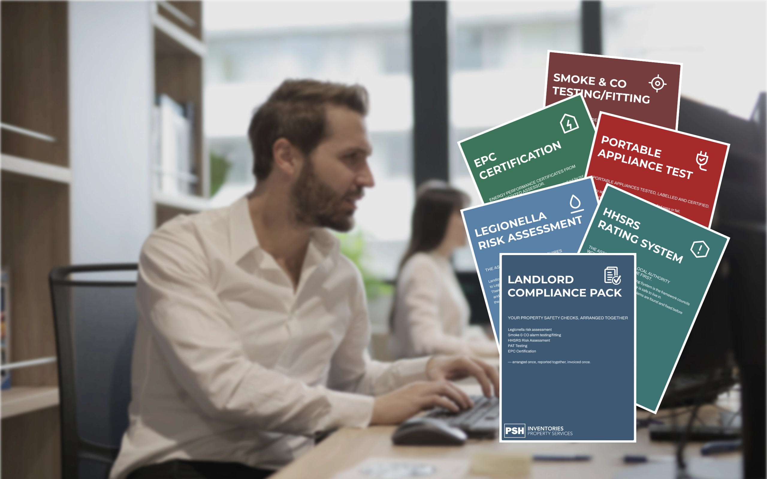 Landlord compliance pack with Legionella, smoke and CO, PAT, HHSRS and EPC reports