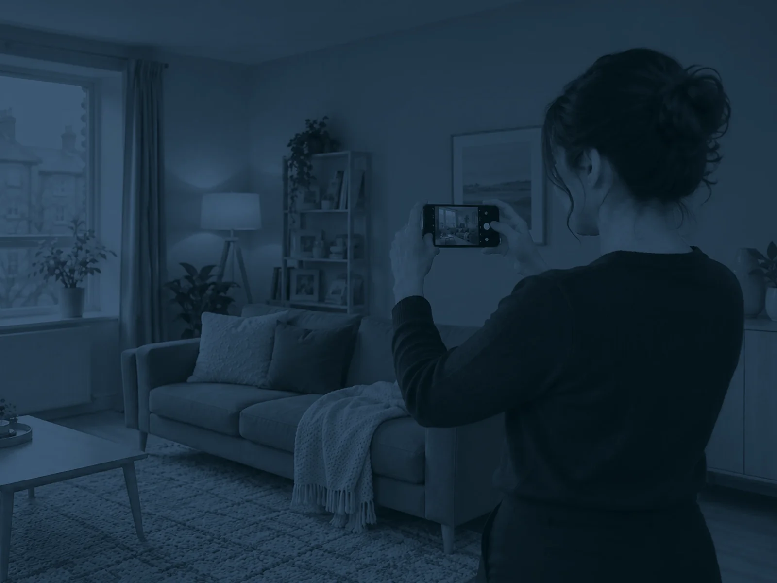 Inventory clerk photographing the living room of a rented flat